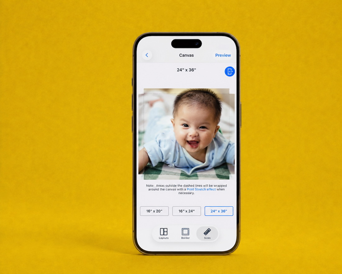 The SimplePrints app showing a baby canvas preview