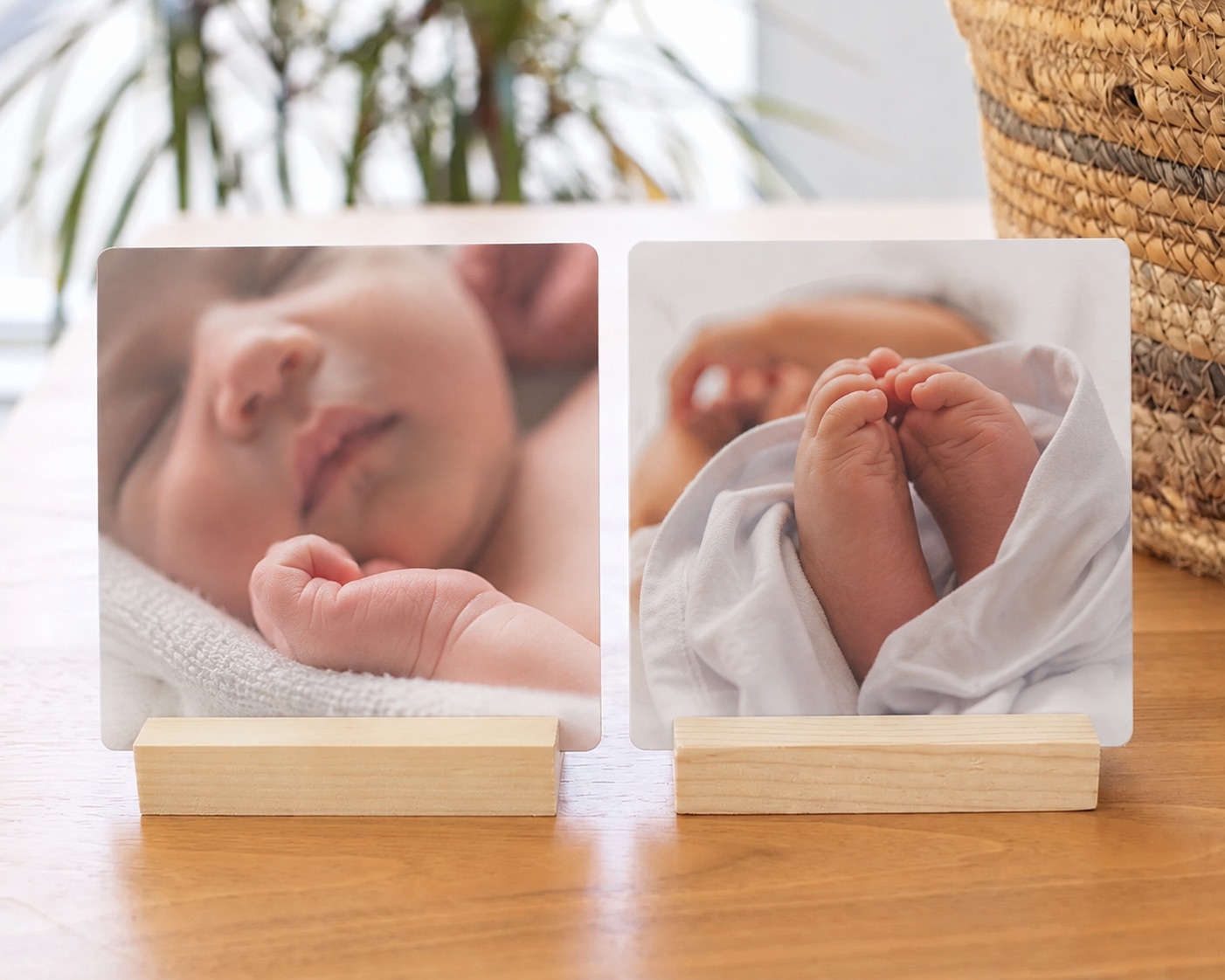 A baby desk print on a wooden stand beside a laptop