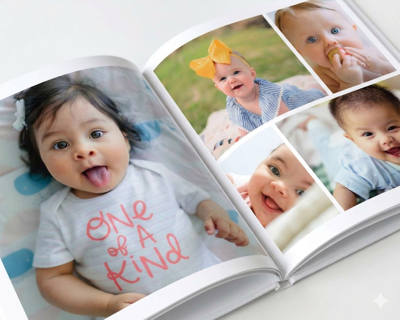 An open SimplePrints baby photo book showing a spread of newborn and first-birthday photos