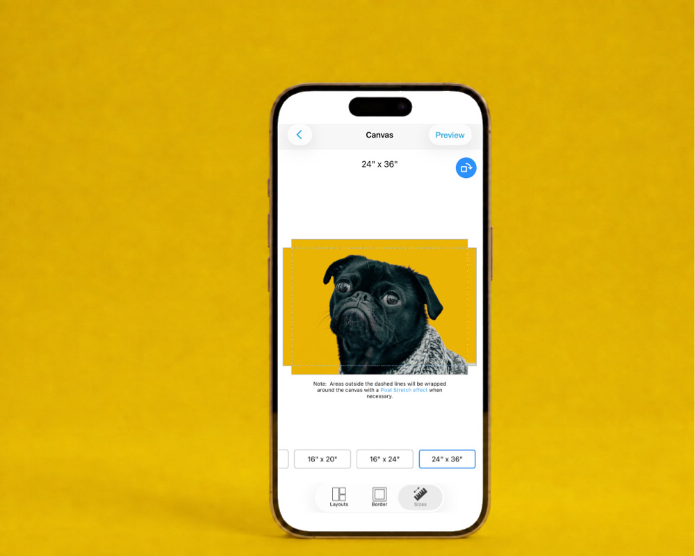 The SimplePrints app showing a pet canvas preview