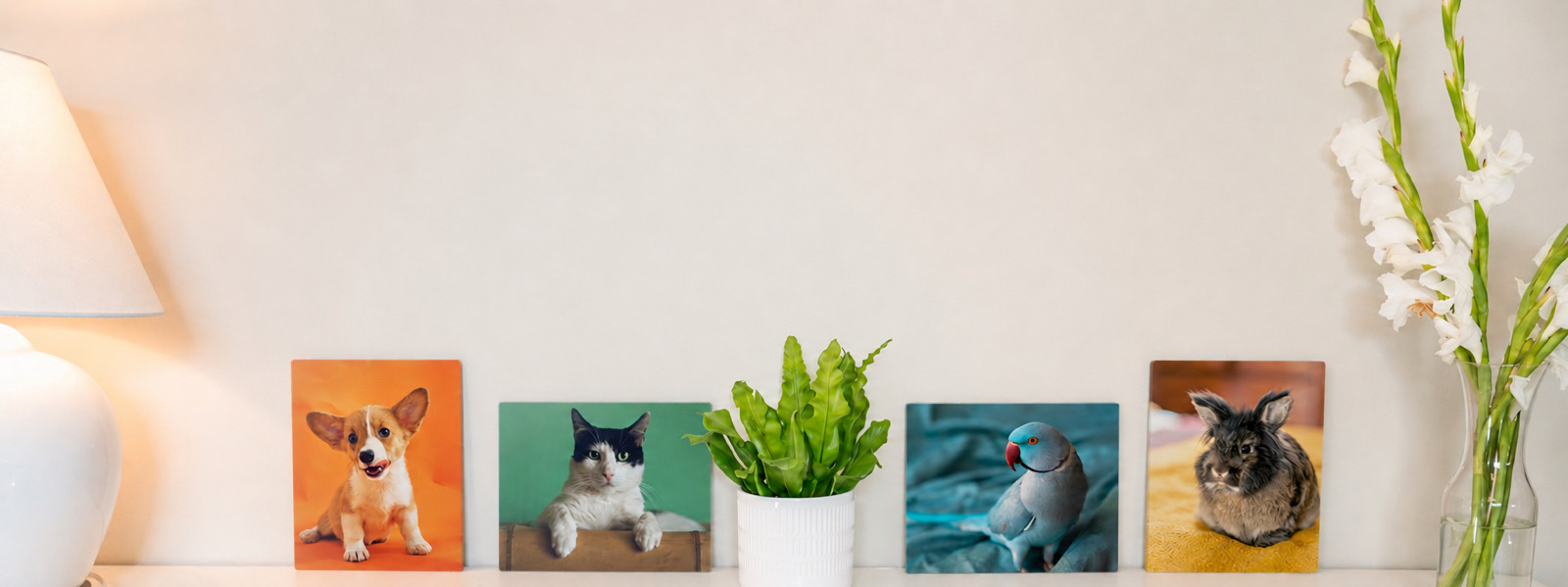 SimplePrints pet metal prints displayed at different sizes on a shelf