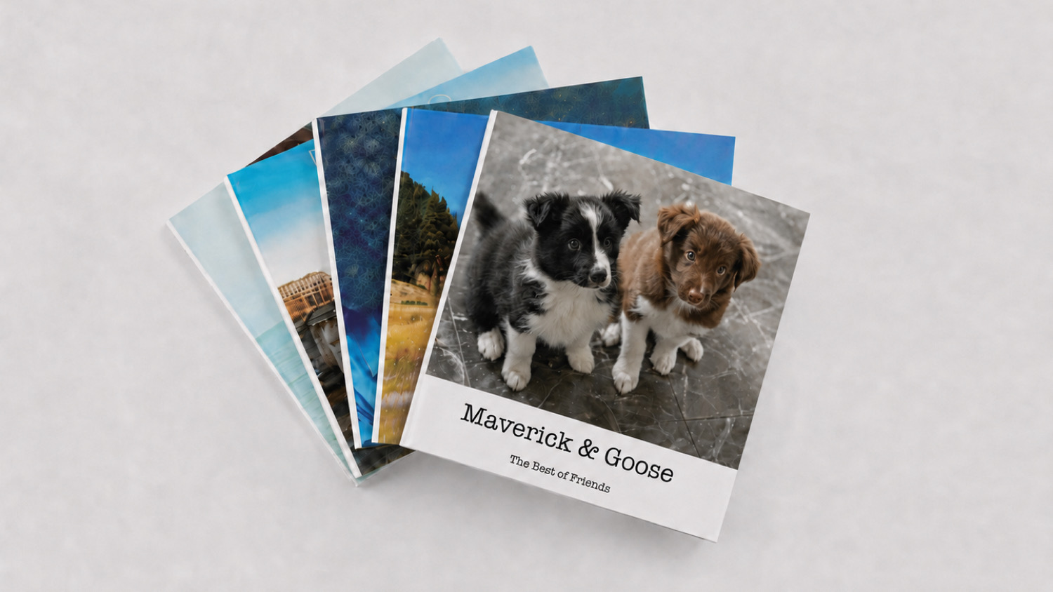 A stack of SimplePrints hardcover pet photo books