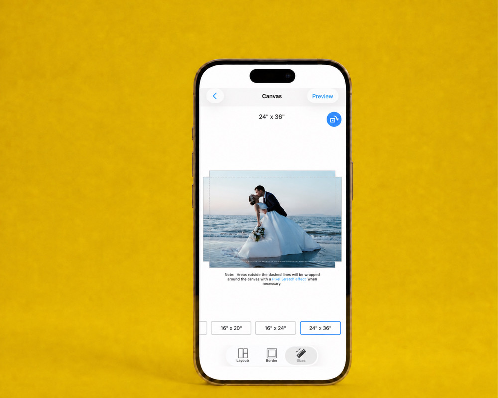 The SimplePrints app showing a wedding canvas preview