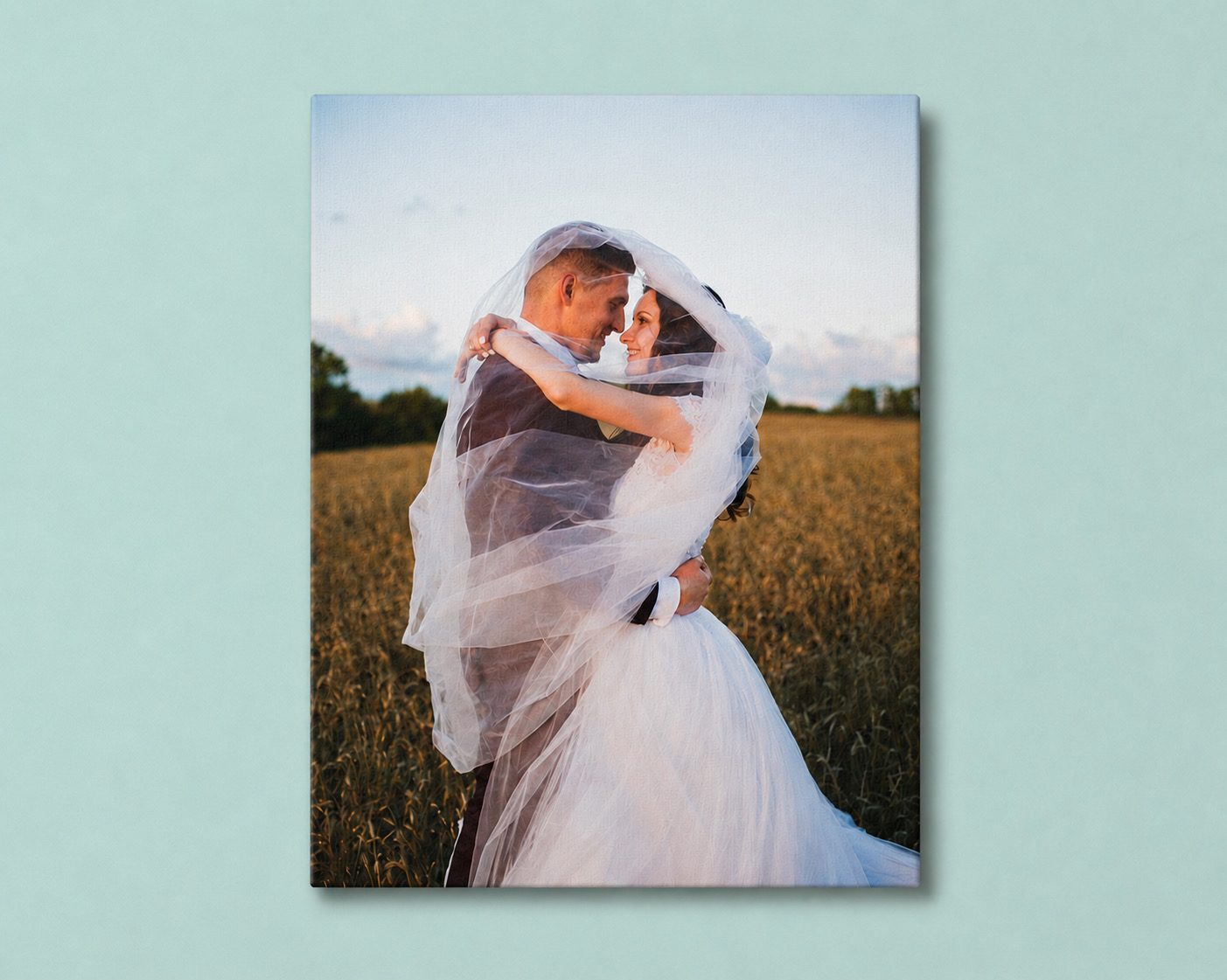 A wedding canvas print on a living-room wall