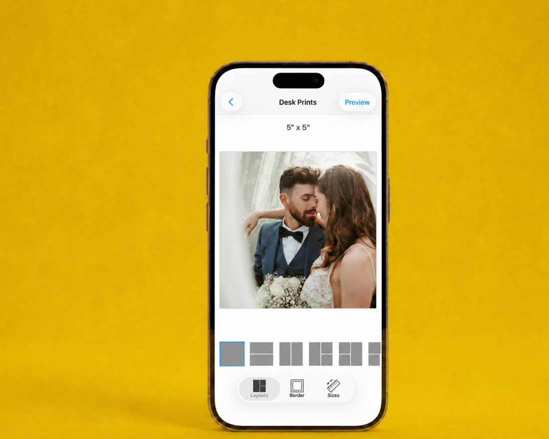 The SimplePrints app showing a wedding desk print preview
