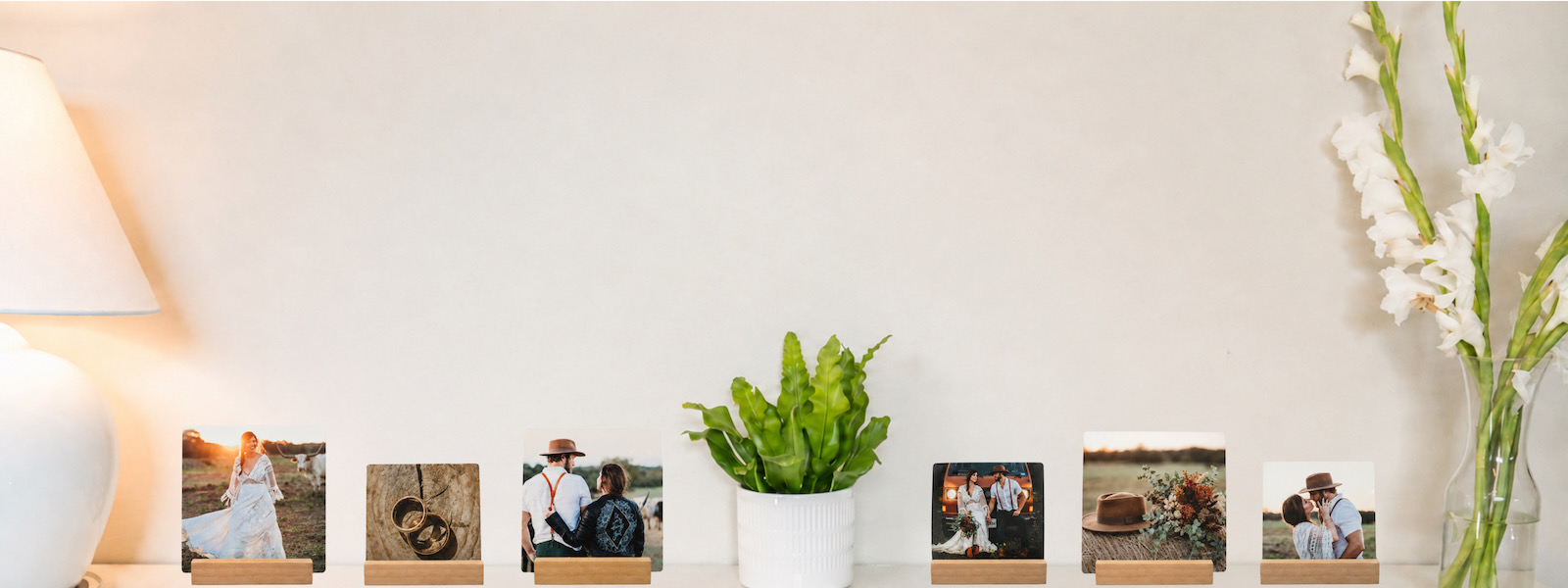 SimplePrints wedding desk prints displayed at both sizes on a shelf