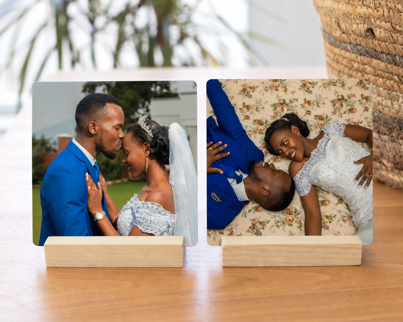 A wedding desk print on a wooden stand beside a laptop