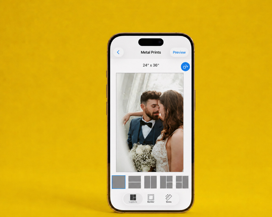 The SimplePrints app showing a wedding metal print preview