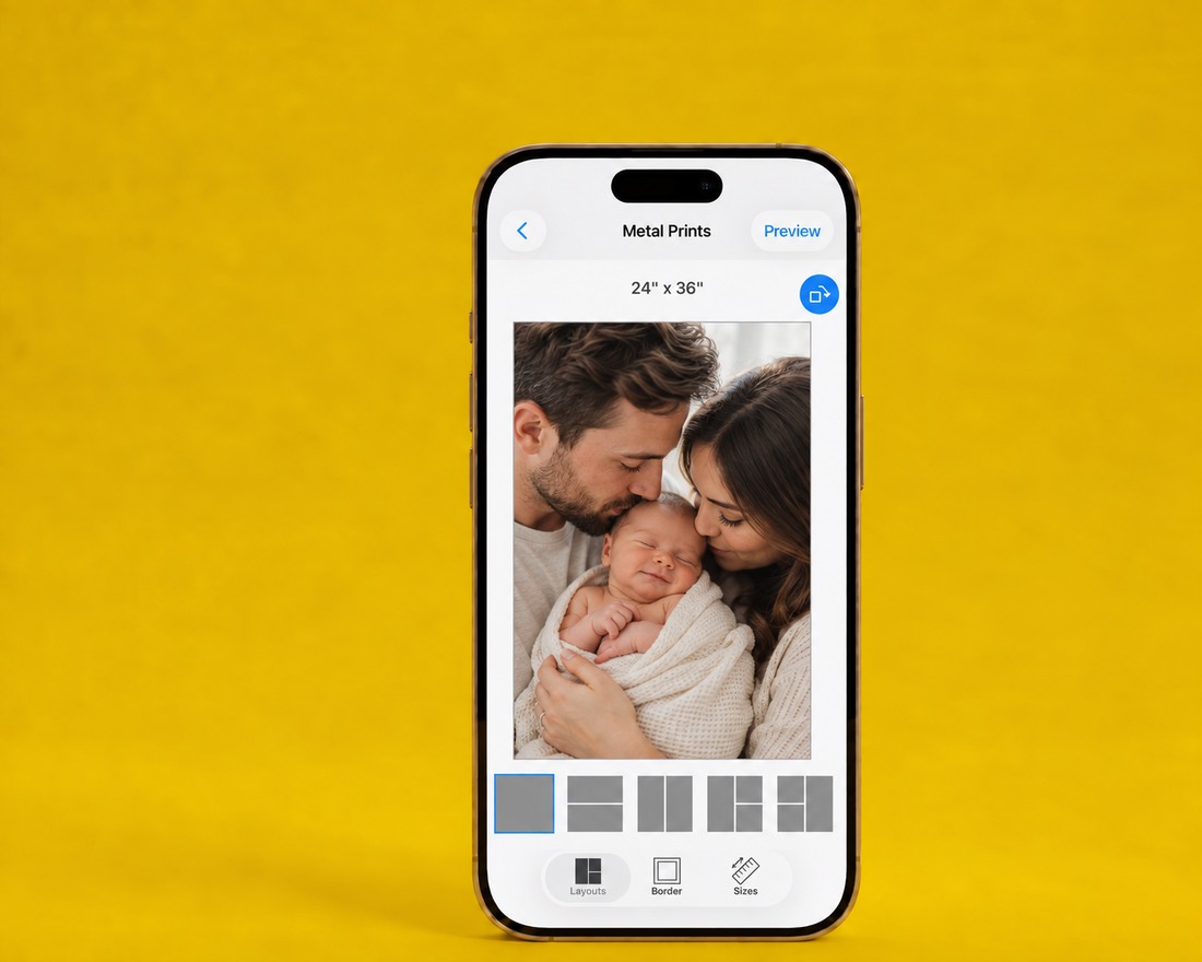 The SimplePrints app showing the metal print screen, with a photo sized for printing