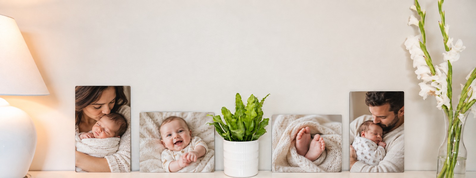 SimplePrints baby metal prints displayed at different sizes on a shelf