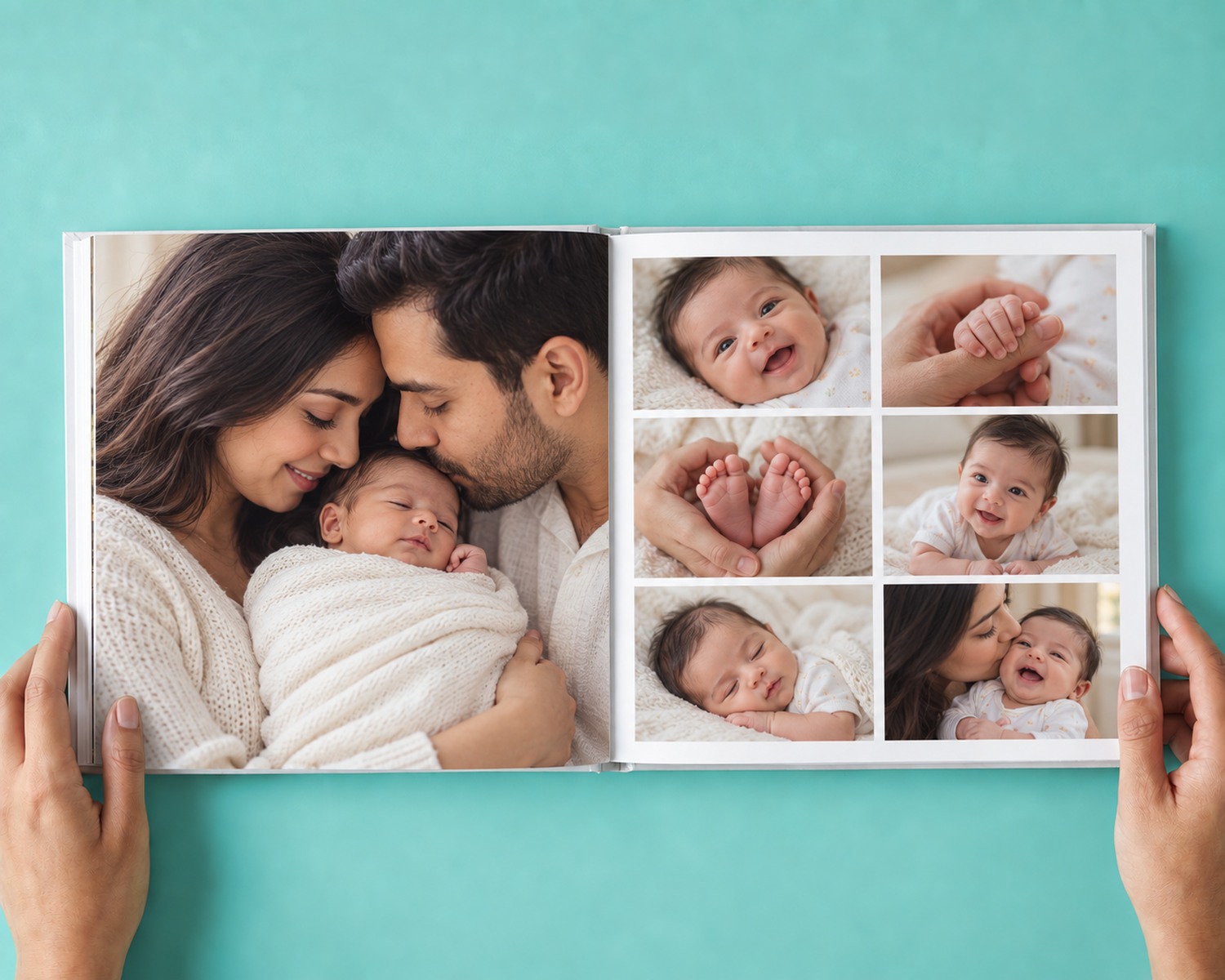 Hands holding an open SimplePrints baby photo book, showing a spread from the first year