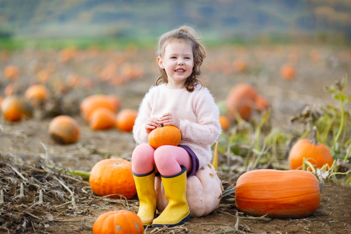 A young girl sitting in on a pumpkin in a pumpkin patch with yellow rain boots