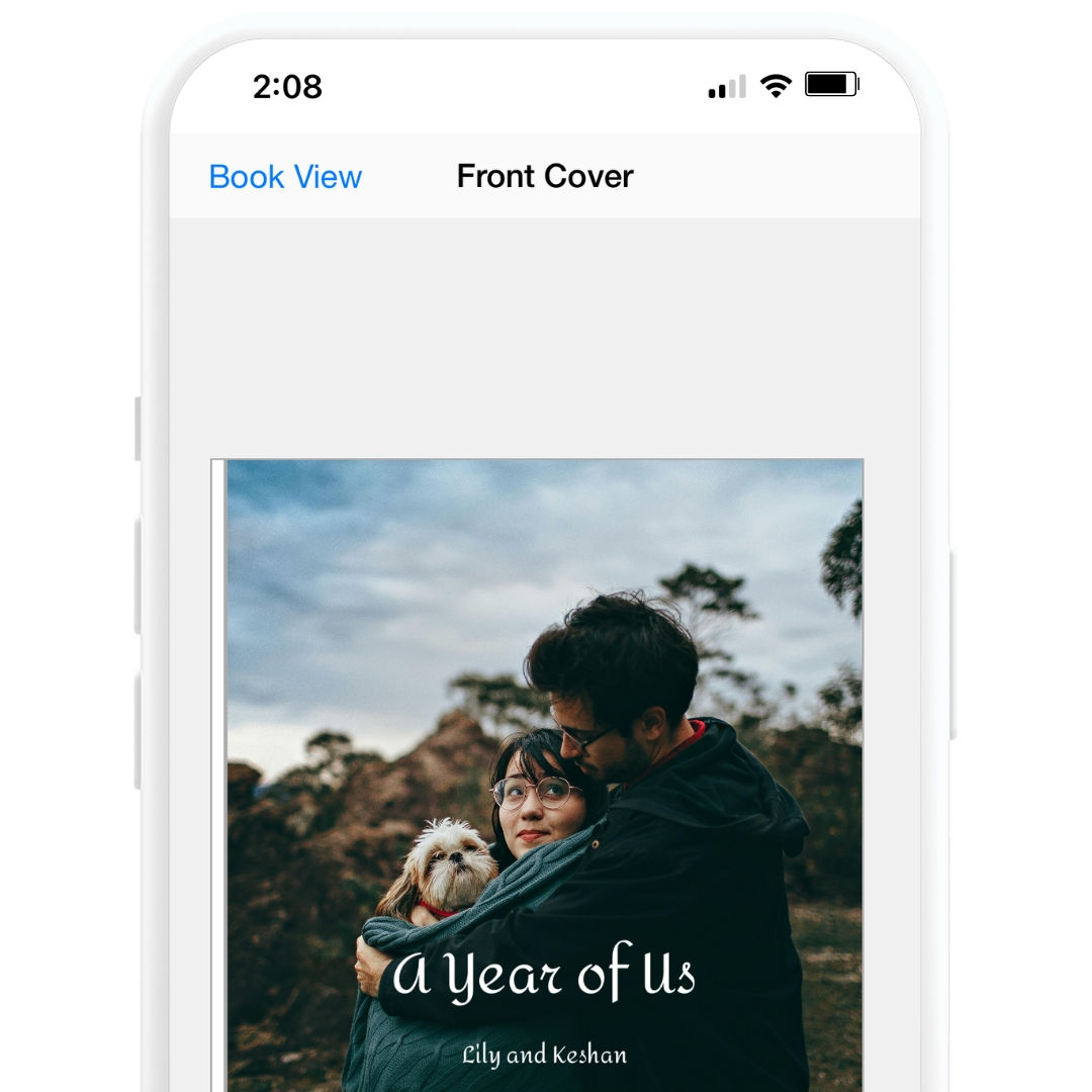 Phone with SimplePrints app making a photo book of a couple with their dog