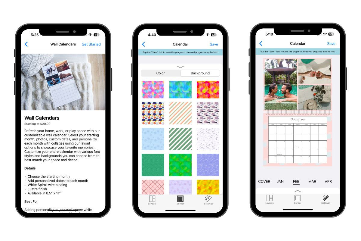 A phone showing the different steps of creating a calendar on the app