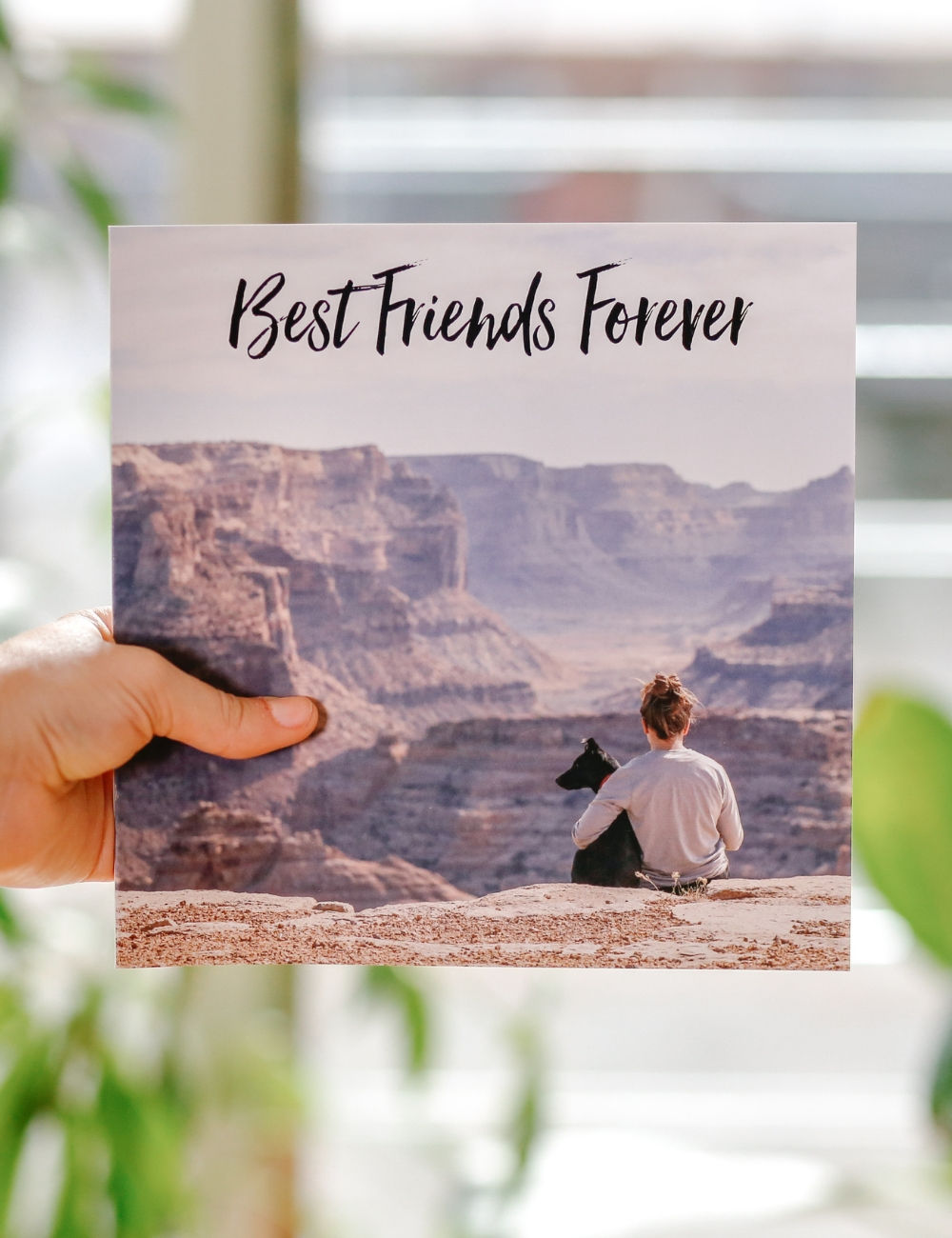 Someone holding s SimplePrints soft cover photo book with a boy holding his dog on the cover with the title best friends forever