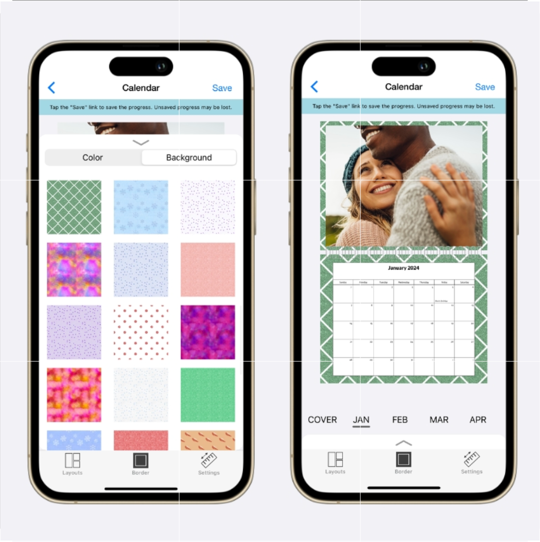 A phone showing the app and how to add custom backgrounds to your calendar project