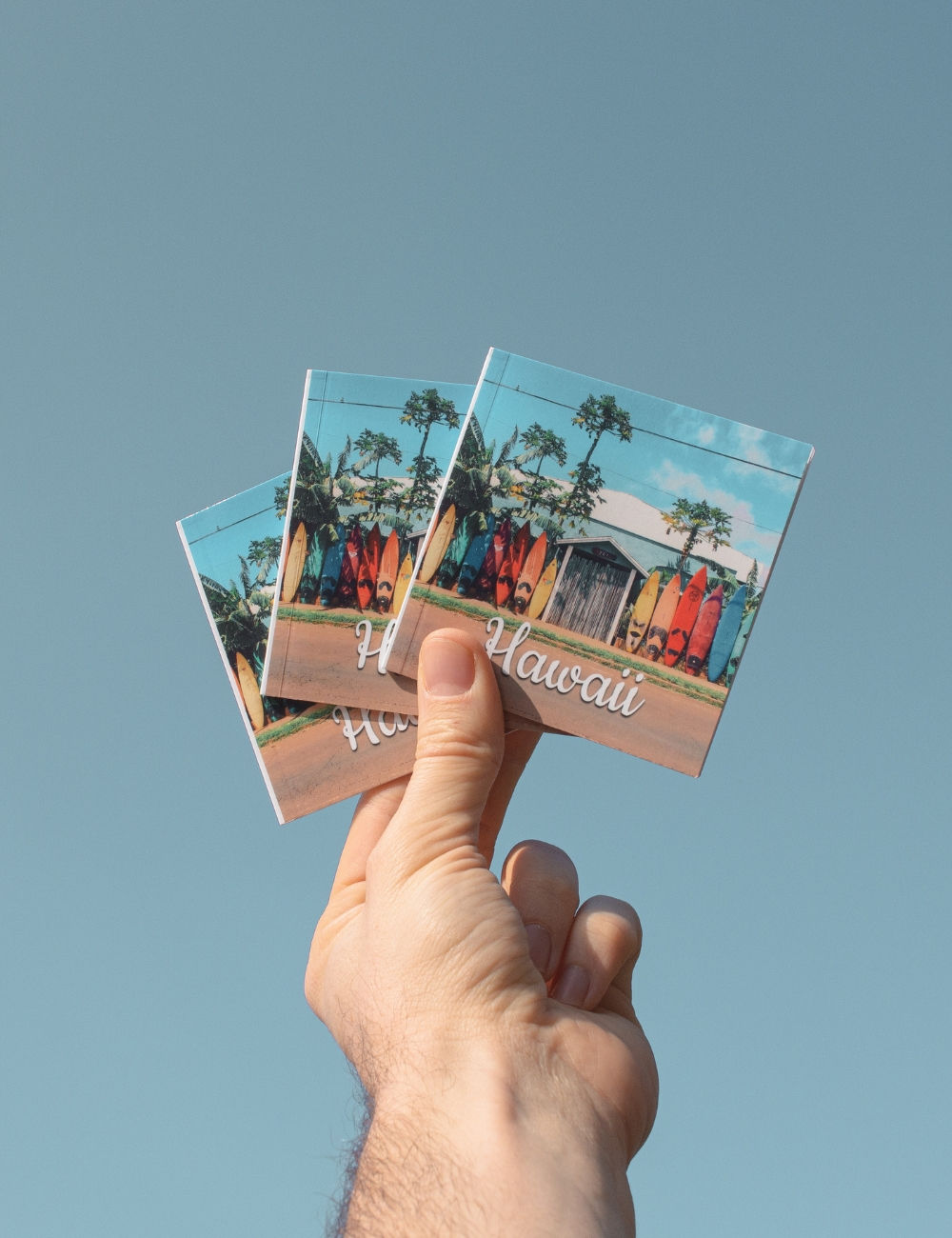a picture of someone fanning three identical SimplePrints mini photo books up to the ski with the title Hawaii and a picture of palm trees and surf boards on the covers