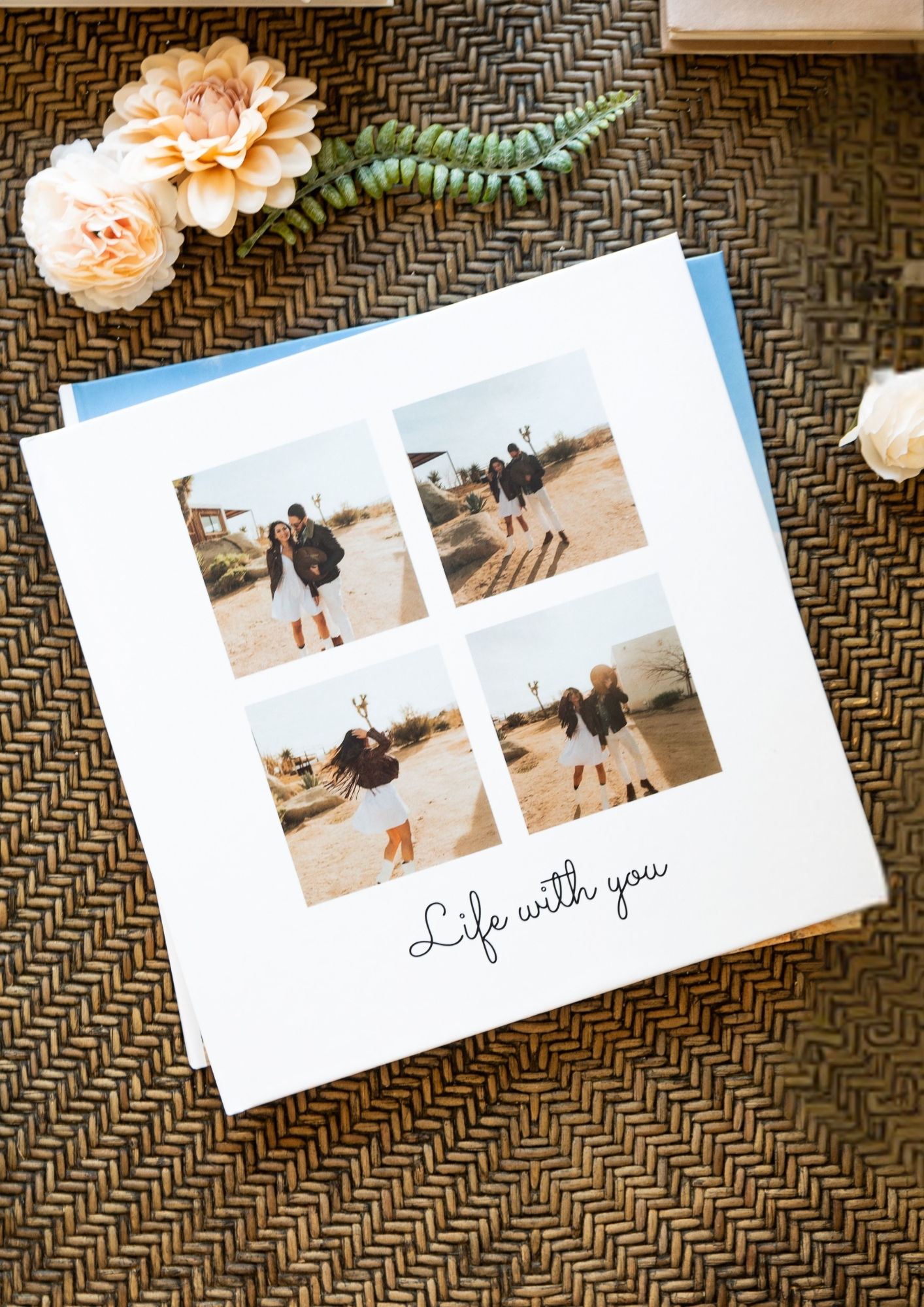 A photo book titled "Life with You" with four pictures of a couple.