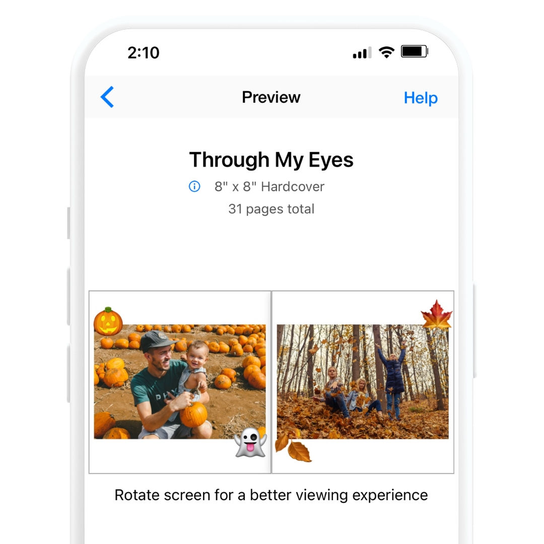 A phone showing the SimplePrints App making a photo book with childhood photos