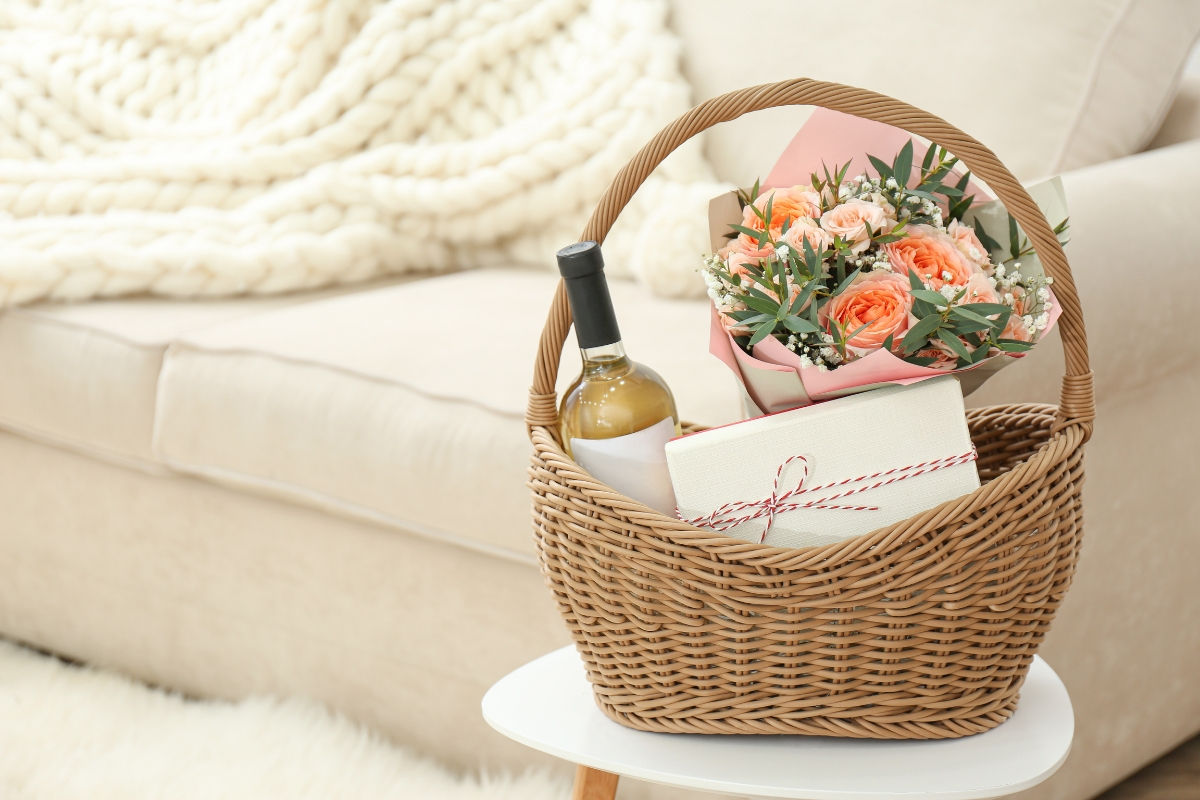 Valentine Gift Basket with flowers and wine