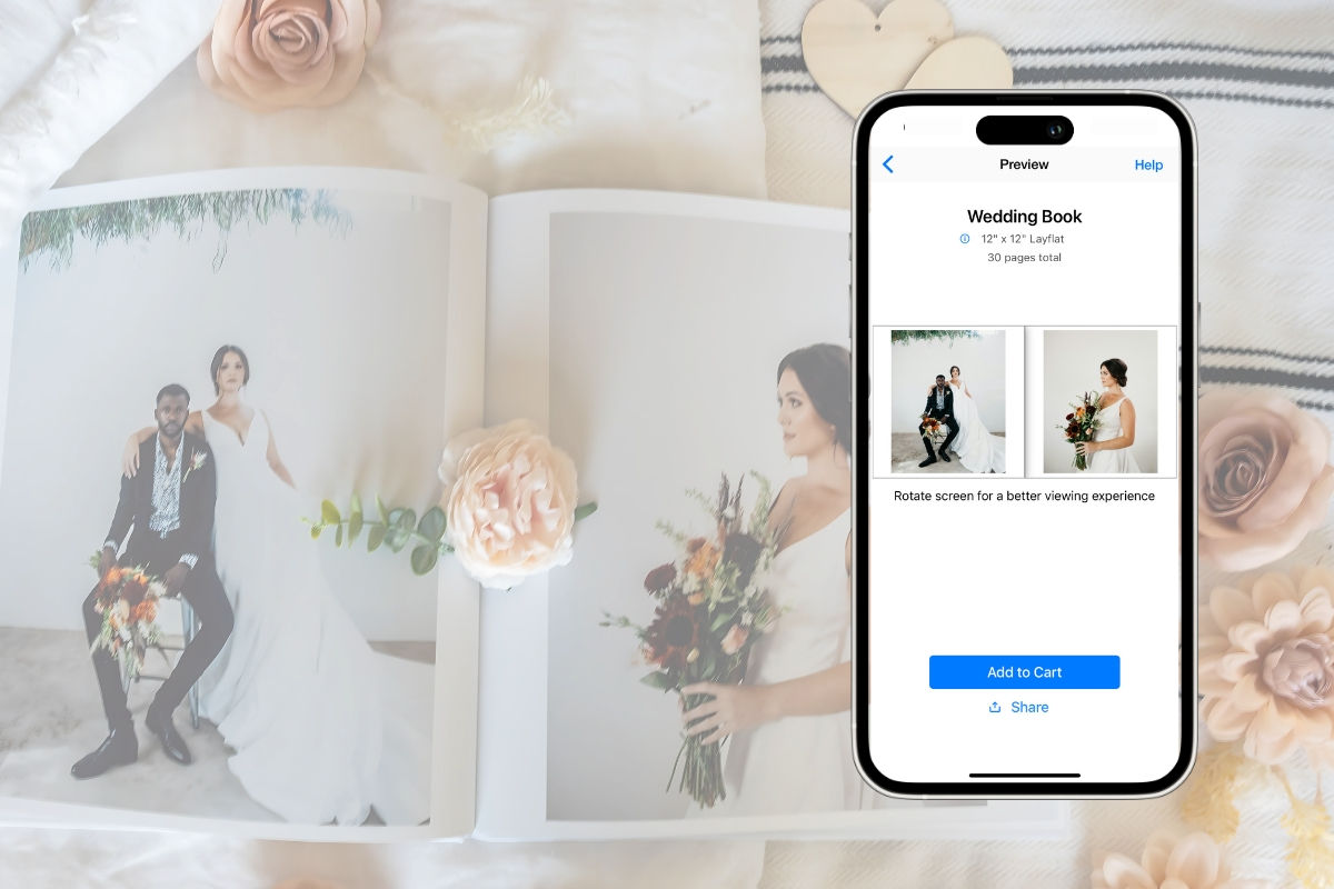 A phone with the SimplePrints app creating a wedding photo book