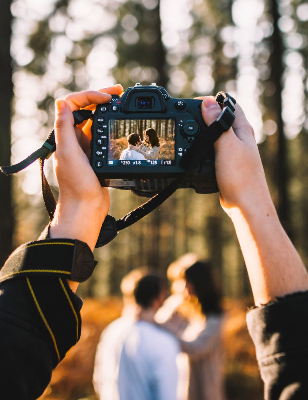 A photographer taking a picture of a couple embracing in the the woods
