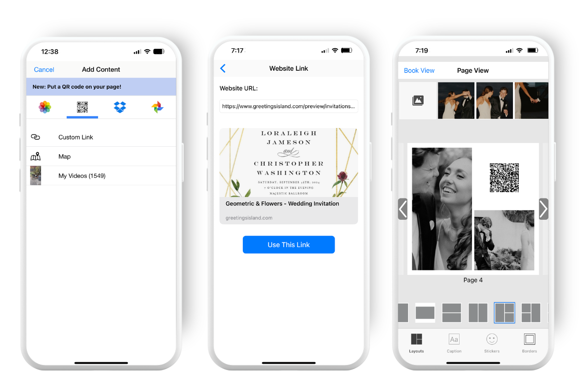 three phones showing the steps of adding a QR code to your photo book