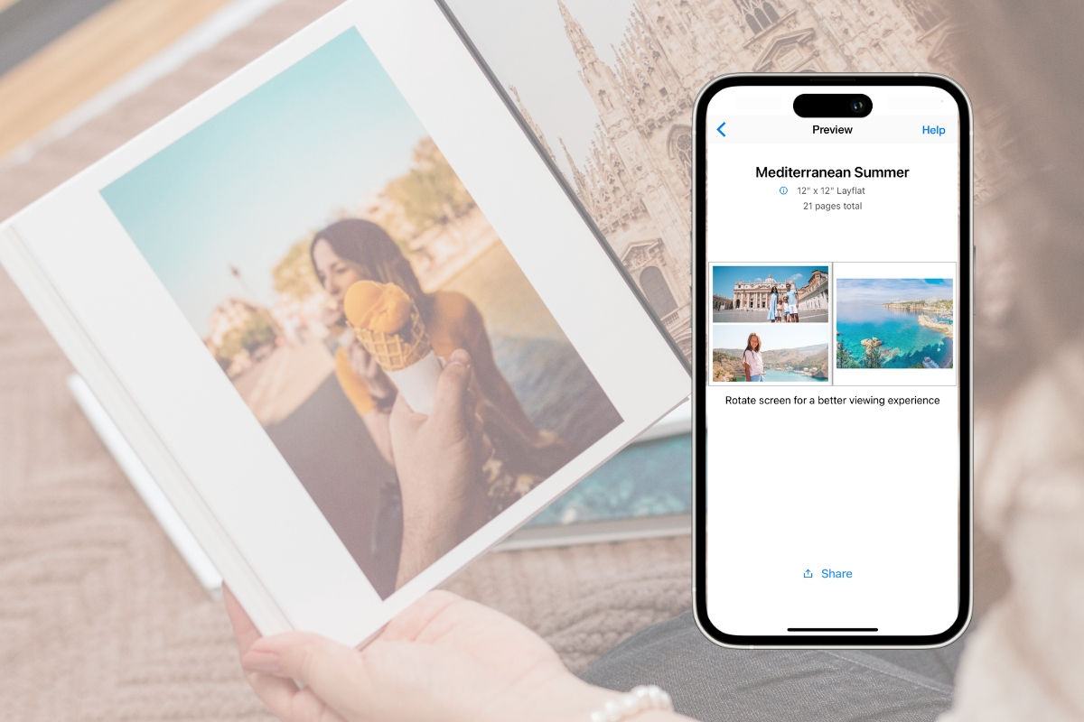 Open photo book with an image of a woman holding ice cream. Phone displays "Mediterranean Summer" preview. Bright, warm tones.