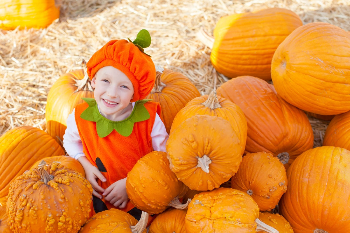 A child in a pumpkin costume smiling at the camera surrounded by a pile of pumkins