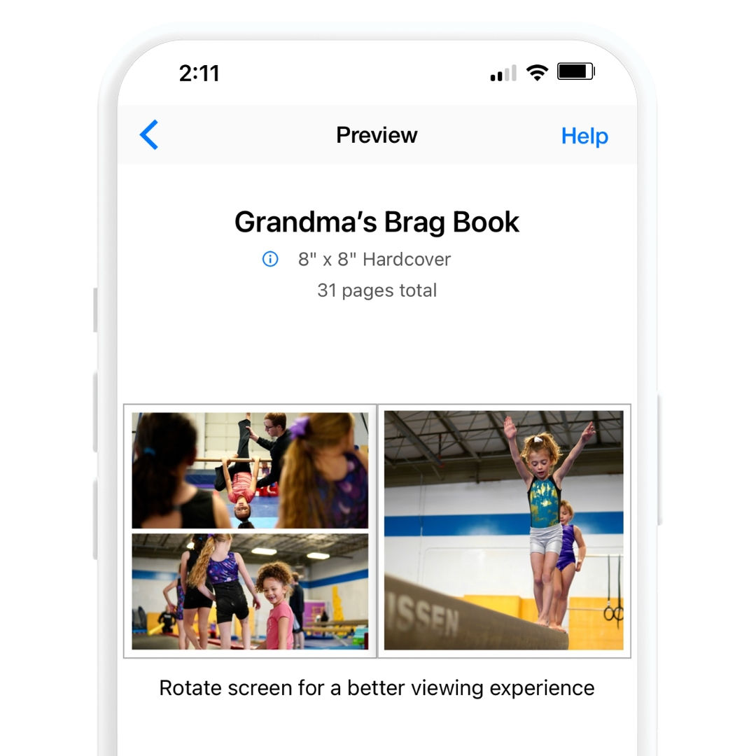 the SimplePrints app creating a photo book personalized gift with pictures of grandkids at gymnastics