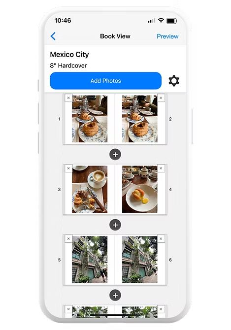 SimplePrints app — Book View screen, adding and arranging photos across the pages