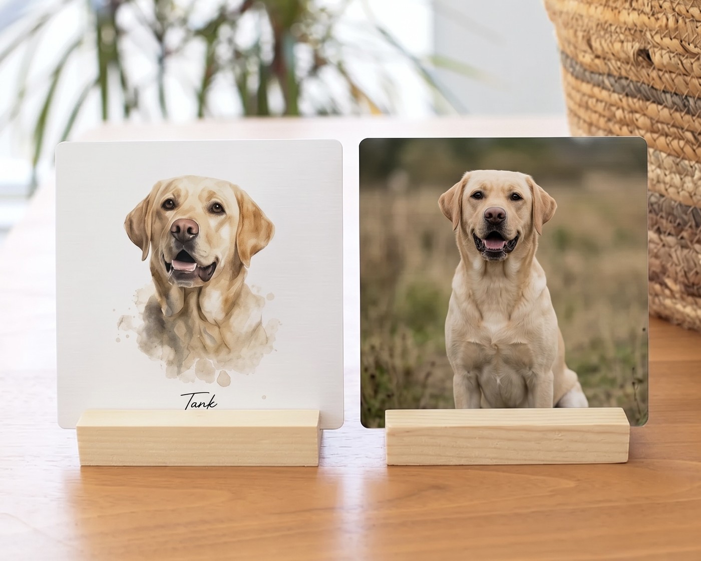 A desk print portrait of a yellow Labrador on a wooden stand
