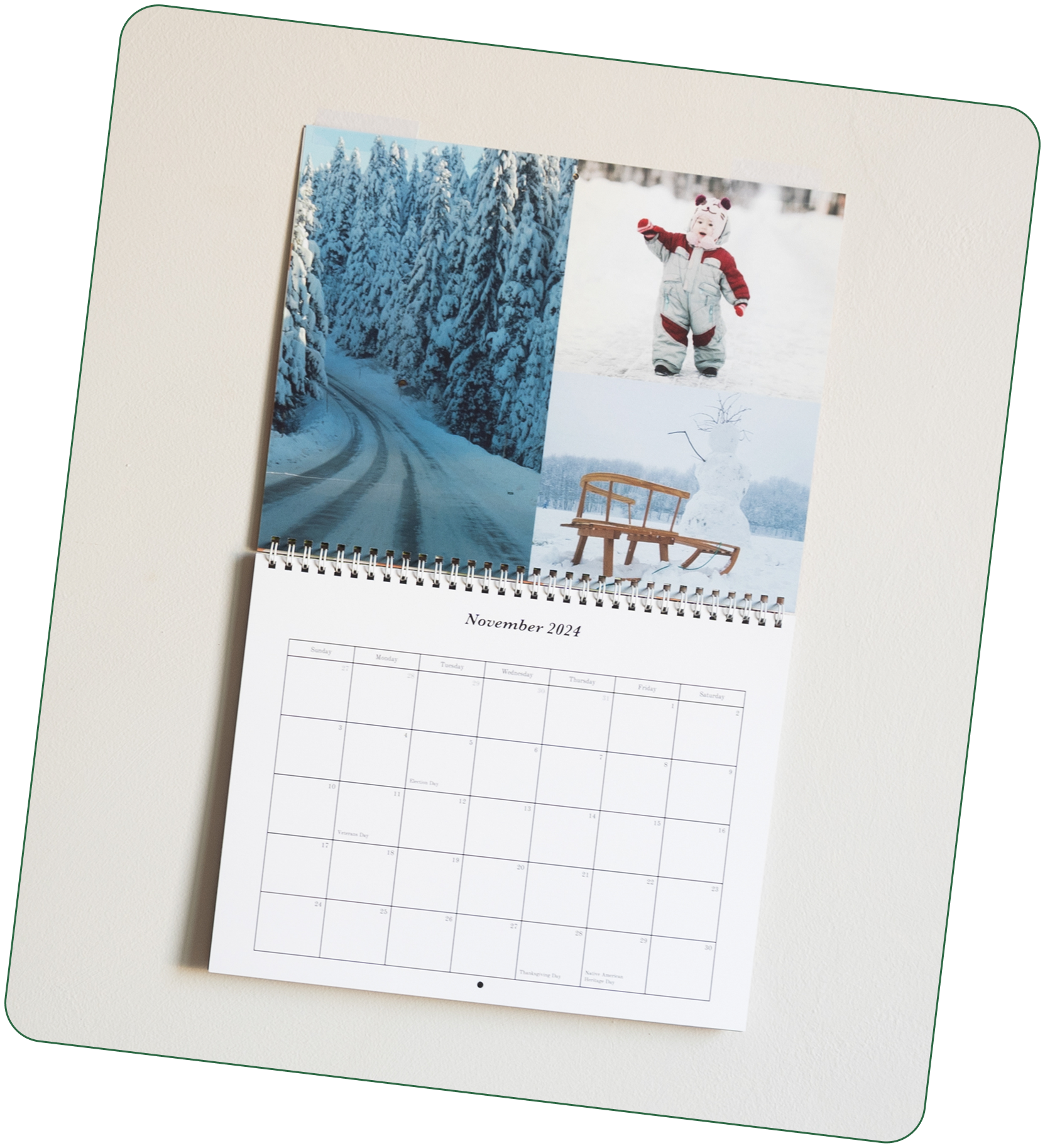 A wall calendar page showing two split photos, in a winter scene