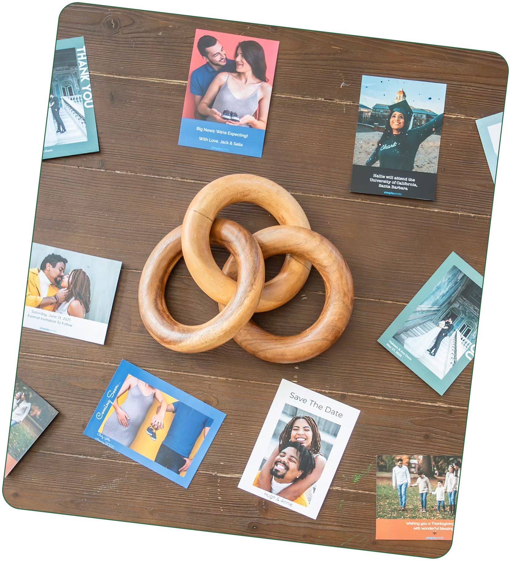 Photo cards laid out on a table
