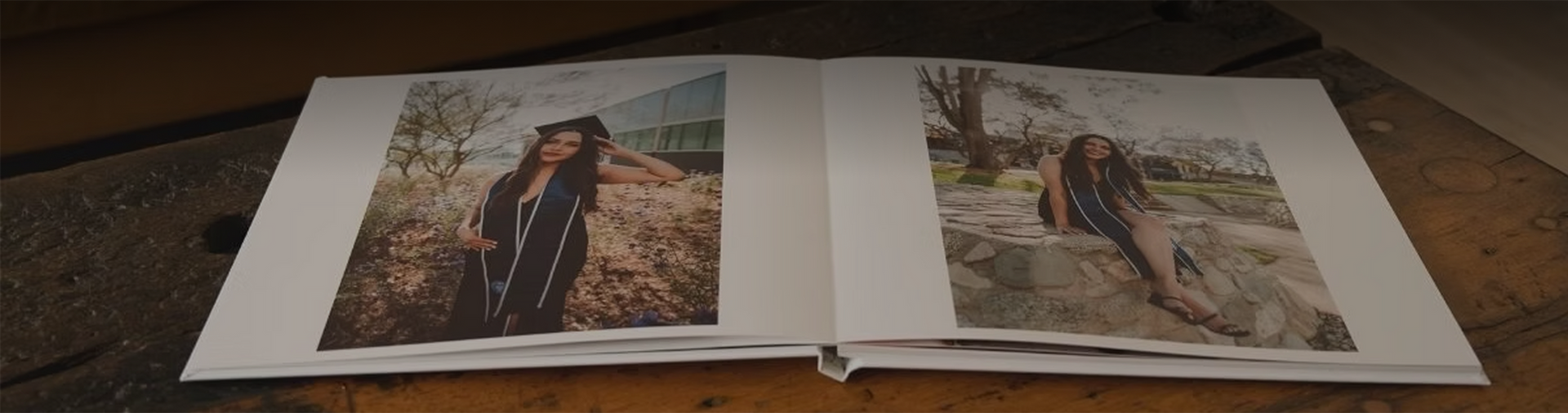 A layflat photo book on a coffee table