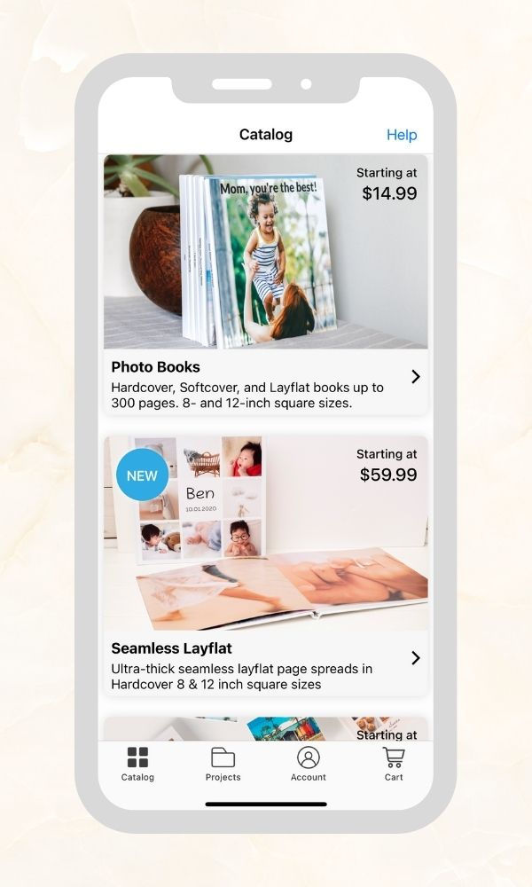 Download the SimplePrints app, and create new project. You can customize your new project on the app with custom sizes, fonts, stickers, layouts and more