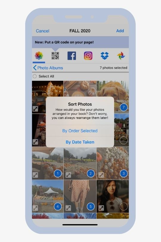Create an album on phone or organize photos on phone with folders on Dropbox. Add only the relevant photos that are both high quality photos and special to you.