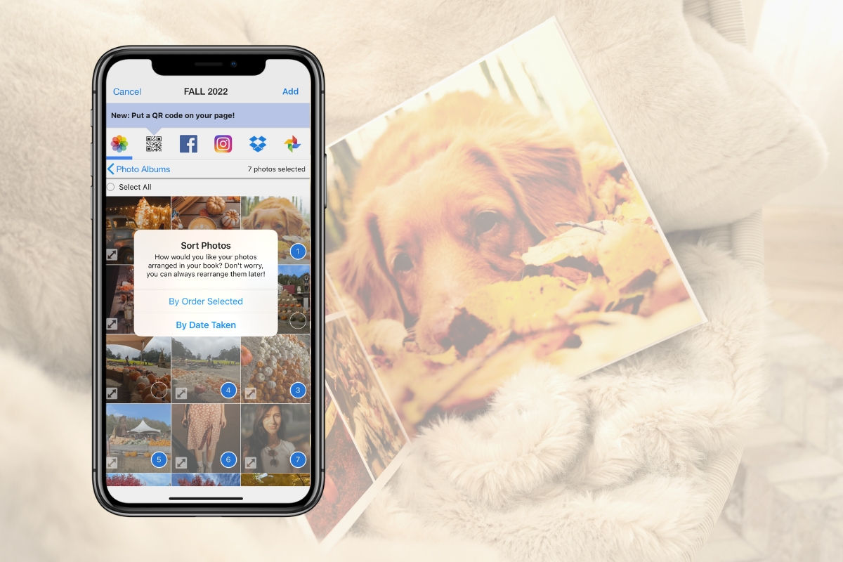 iPhone Mock up showing the "sort photos" feature in the SimplePrints app