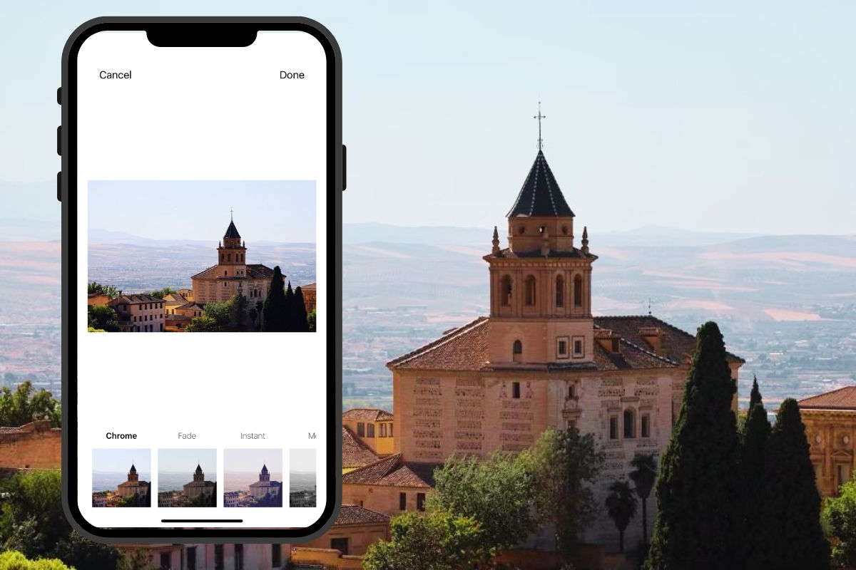 iPhone mockup showing the photo filter tool in the SimplePrints app