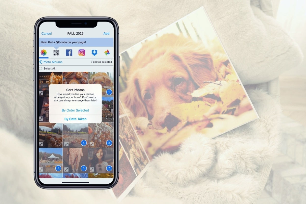 iPhone mockup of showing the "sort photos" in the SimplePrints app