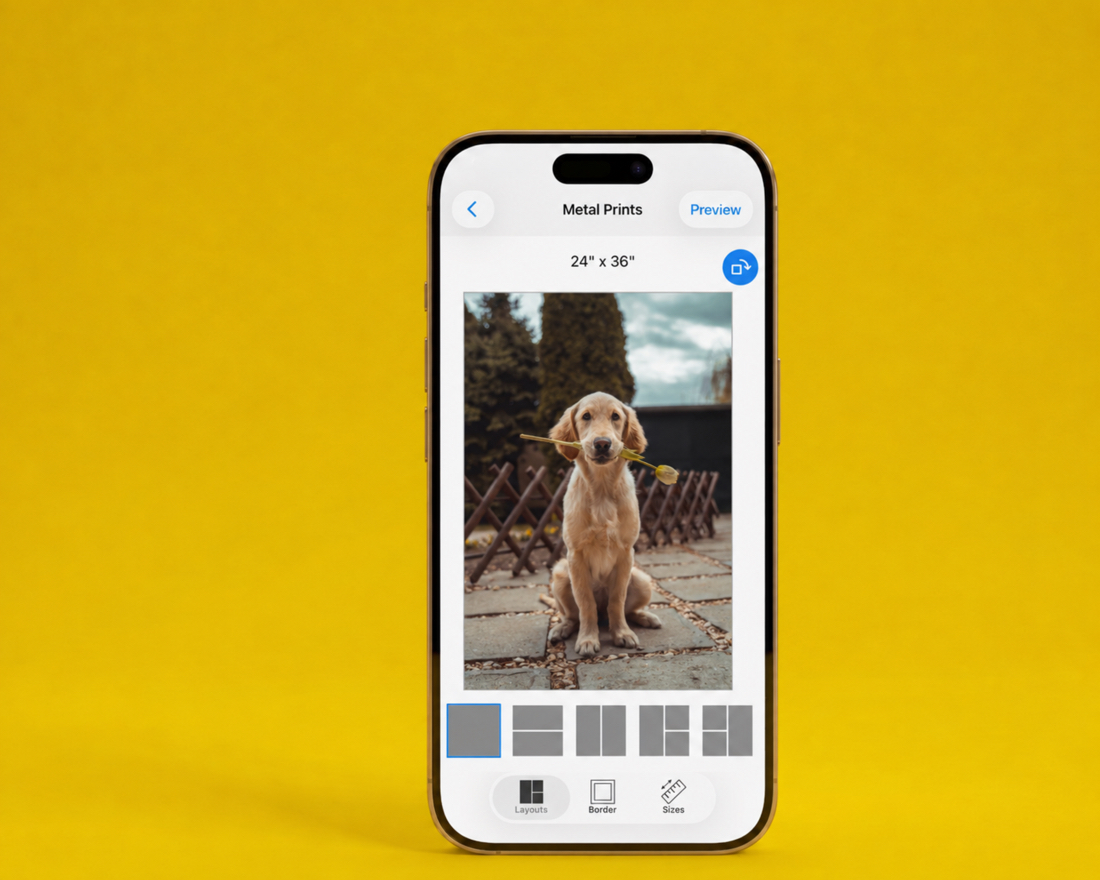 The SimplePrints app showing a pet metal print preview