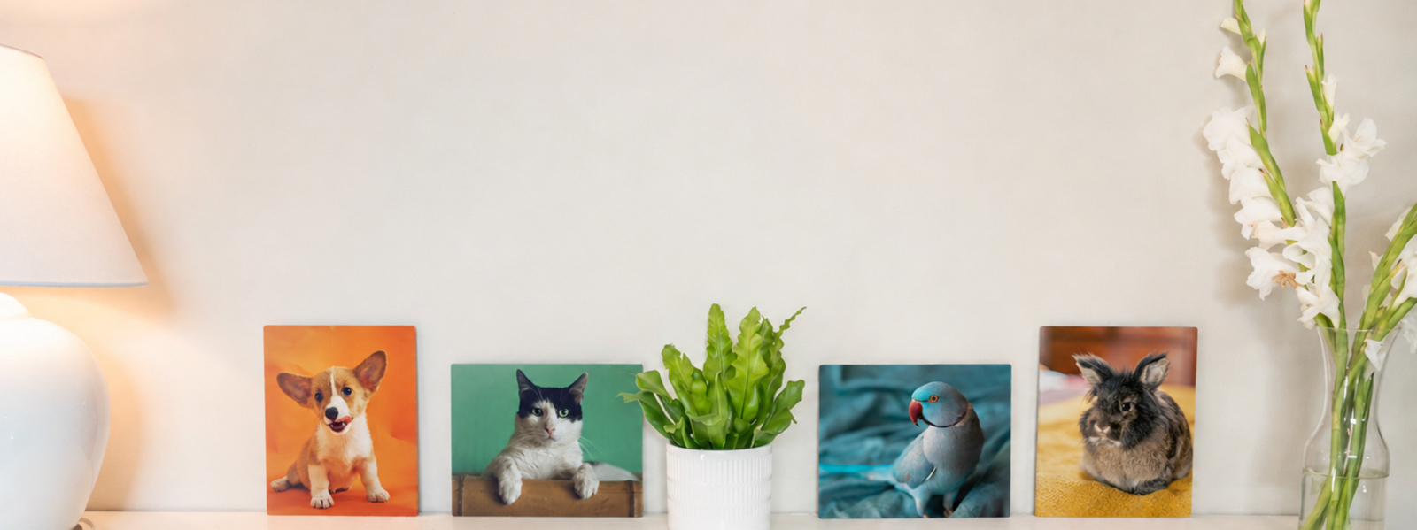 SimplePrints pet memorial metal prints displayed at different sizes on a shelf