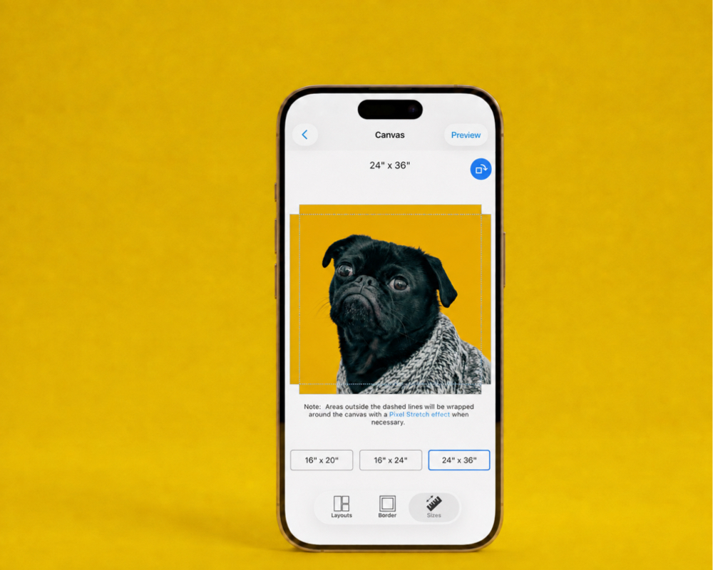 The SimplePrints app showing a print preview on a phone